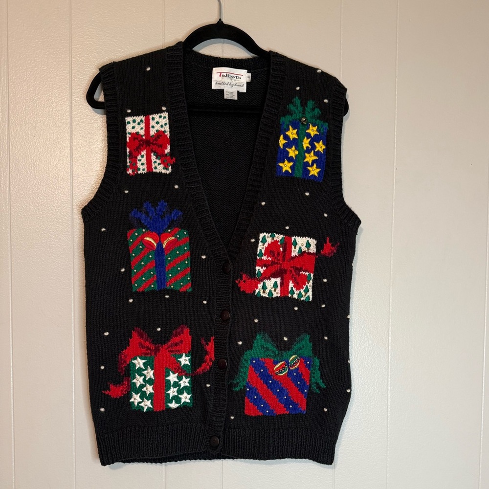 Talbots Black Hand-Knitted holiday Sweater Vest vintage EUC Size S